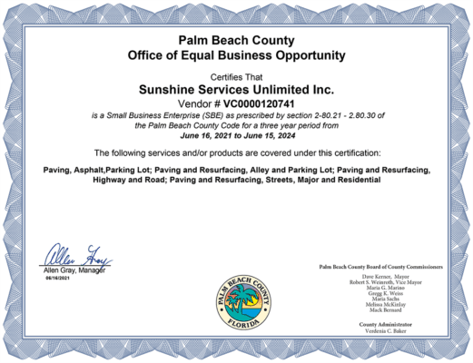 Sunshine Services Certificate