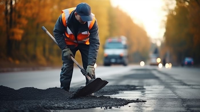 Male worker lays asphalt road repair road paving. A man in overalls is laying asphalt with a shovel