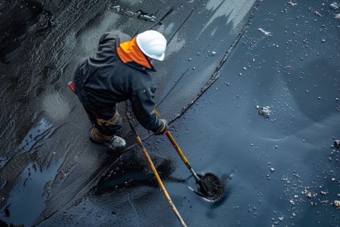 Skilled Worker Applying Sealcoating With Precision For Asphalt Resurfacing