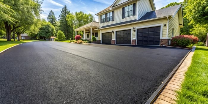 Freshly applied black sealcoat glistens on a newly restored asphalt road