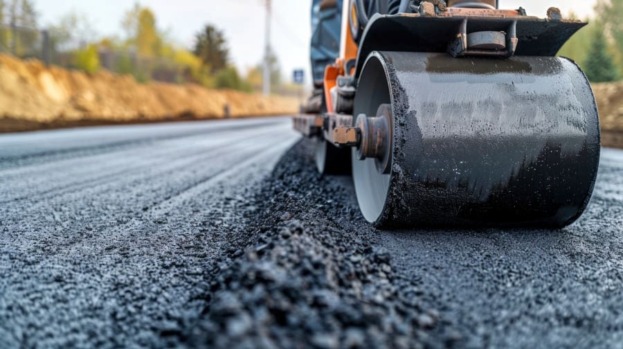 an asphalt roller compactor smoothing new pavement