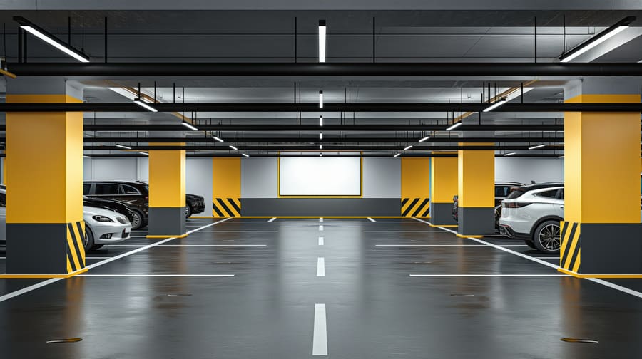 A parking lot with a lot of empty spaces and a few cars